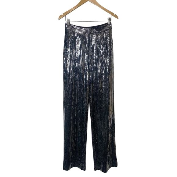 JLUXLABEL Silver Metallic Sequins Front Pleated Trousers Pants Wide-Leg Lined - Picture 1 of 11